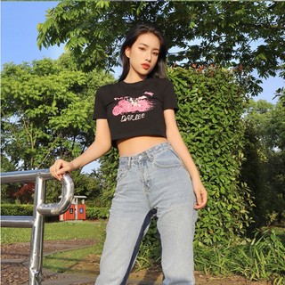Áo croptop tay ngắn - áo thun cổ tròn in hình màu hồng cute dễ thương L66 [A029]