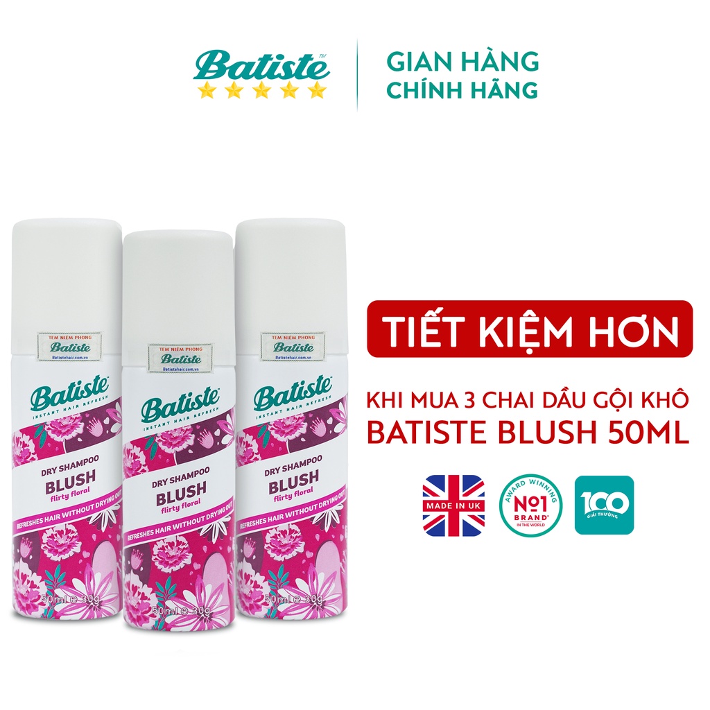 [COMBO TIỆN LỢI] 3 Chai Dầu Gội Khô Batiste Hương Hoa Quyến Rũ-Batiste Dry Shampoo Floral & Flirty Blush 200ml/50ml