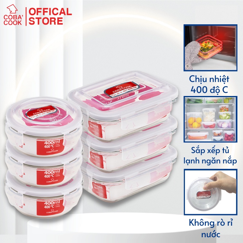 Ảnh Bộ 6 hộp thủy tinh đựng thực phẩm COBACOOK 3 hình tròn 400ml và 3 chữ nhật 370 ml- CCR4L36 1