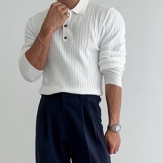 Anh Phong Cách Retro Hố Sọc Ve Áo Len Nam Thu Đông Hàn Quốc Ruya Thanh Niên Slim-fit Dài Tay Áo Polo Nhẹ Phong Cách Trưởng Thành Áo Sơ Mi Polo
