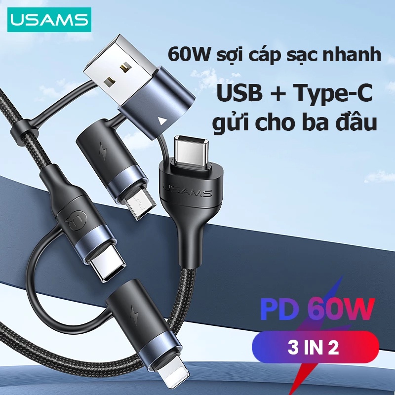 Dây cáp sạc nhanh USAMS 1.2M 60W 6-in-1 USB IP type C/truyền dữ liệu cho 1phone15 IPd Android IP8-14 máy tính bảng