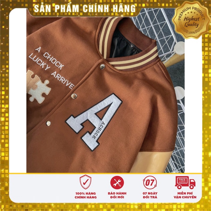 Áo khoác Bomber Varsity jacket giới tính phối Nâu tay da Boin shop thêu Lucky 2 lớp, chất nỉ bông siêu đẹp _ hình thVars