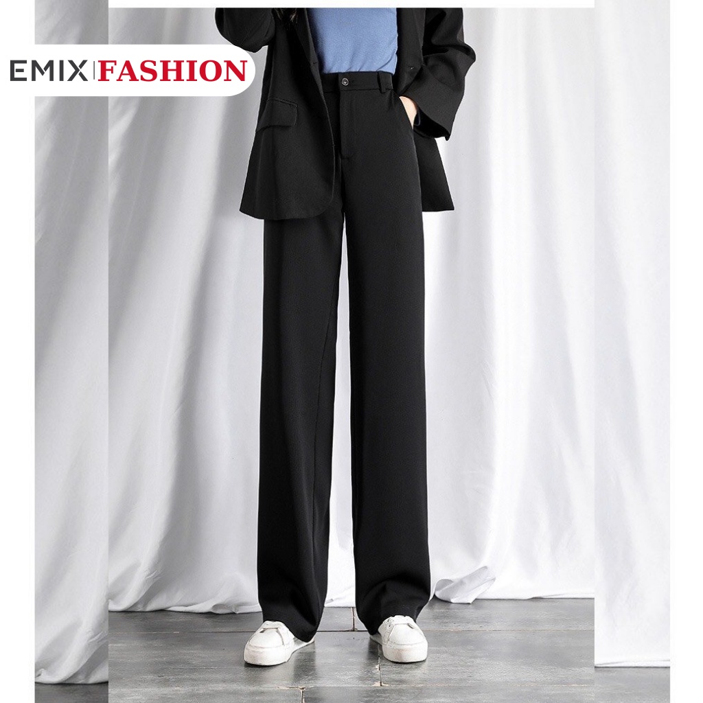 Quần tây nữ công sở ống suông EMIX (màu đen), khóa giữa, dáng dài 97cm, cạp cao, vải tuyết mưa dày dặn, mềm mại 0995