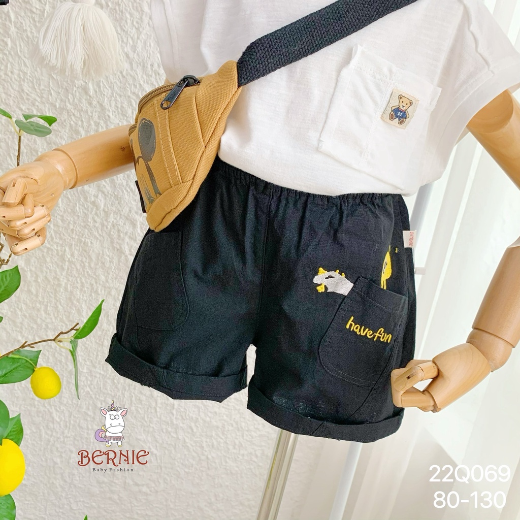 Quần linen đùi bé trai thêu hoạ tiết, quần sóc đùi ngắn cho bé trai mềm mát Bernie