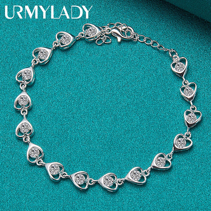 Vòng Tay Mạ Bạc 925 Đính Đá Zircon Hình Trái Tim 20CM Thời Trang Cho Nữ