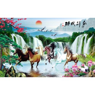 Tranh vải lụa Dán Tường 3D Mã Đáo Thành Công giành cho phòng làm việc, phòng khách phong thuỷ