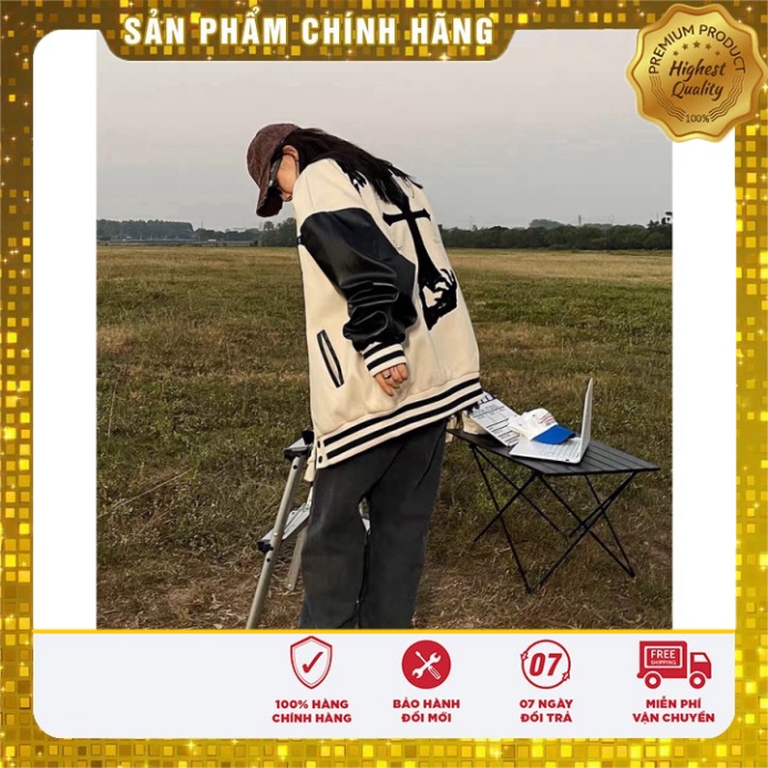 Áo khoác Bomber Varsity jacket giới tính phối Nâu tay da Boin shop thêu Lucky 2 lớp, chất nỉ bông siêu đẹp _ hình thVars