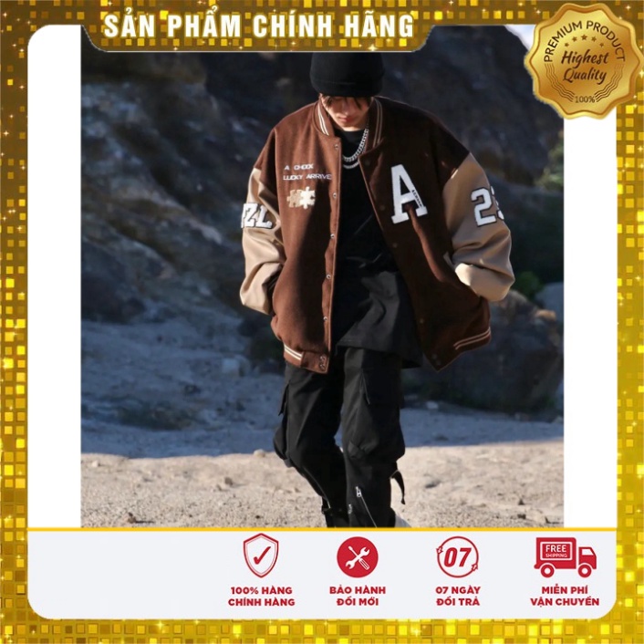 Áo khoác Bomber Varsity jacket giới tính phối Nâu tay da Boin shop thêu Lucky 2 lớp, chất nỉ bông siêu đẹp _ hình thVars