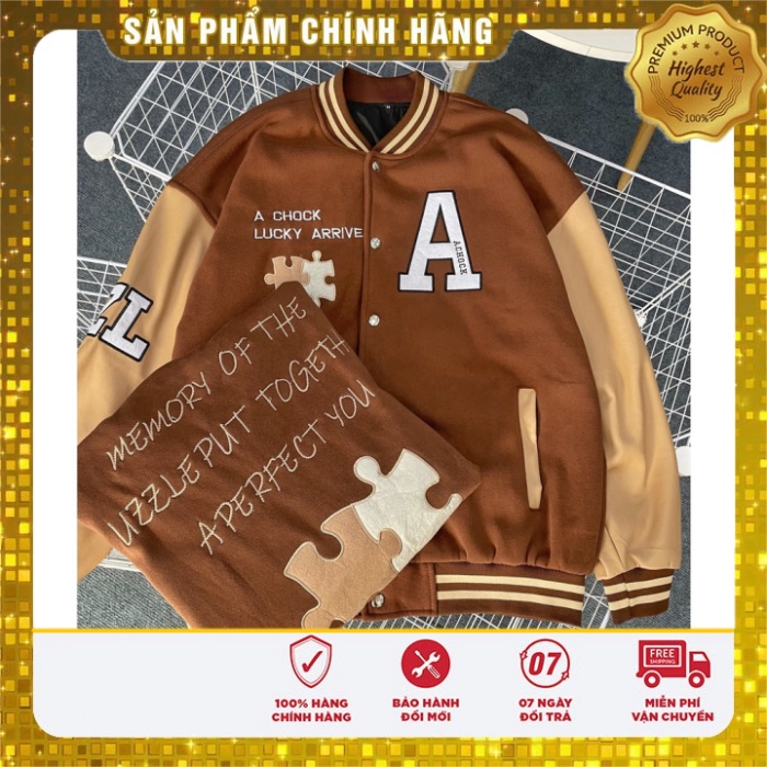 Áo khoác Bomber Varsity jacket giới tính phối Nâu tay da Boin shop thêu Lucky 2 lớp, chất nỉ bông siêu đẹp _ hình thVars