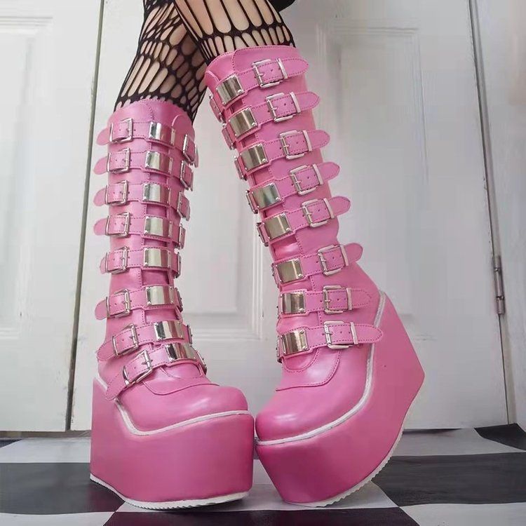 Phong Cách Mới Punk Dài Ống Giày Bốt Martin Thu Đông 2022 Dây Đeo Khóa Kim Loại Đế Dày 11CM Cao Gót Plus Kích Thước Giày Bốt Nữ Phong Cách Gothic Nữ