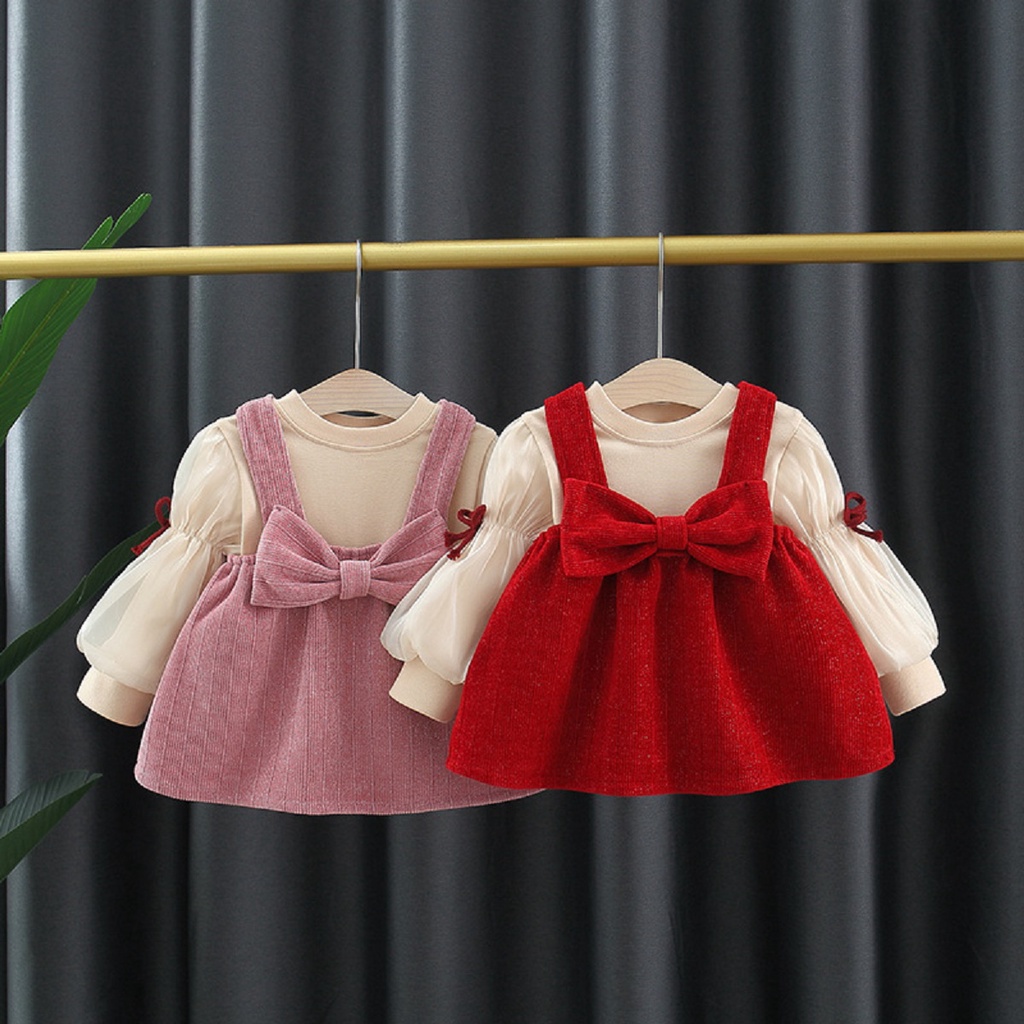 Set váy bé gái babydoll áo dài tay MINTSCLOSET Mints Closet đầm cho bé nhung đỏ 1 2 3 4 tuổi - GV0099 - GS1110