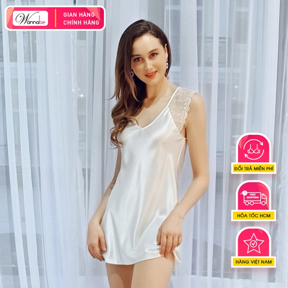 Đầm ngủ phi lụa Wannabe DNS06 tay cánh tiên phối ren hoa nhẹ nhàng