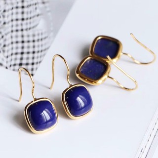 ♥Nguyên Bản Retro Tự Nhiên Lapis Lazuli Bông Tai Dài Phù Hợp Với Nữ Móc Tai Tinh Tế Vuông Trang Sức