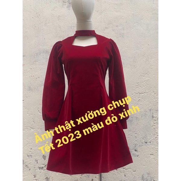 V07.đầm tiểu thư tay dài hai màu đen và đỏ chất liệu nhung trơn (hàng có sẵn-kèm ảnh video thật)
