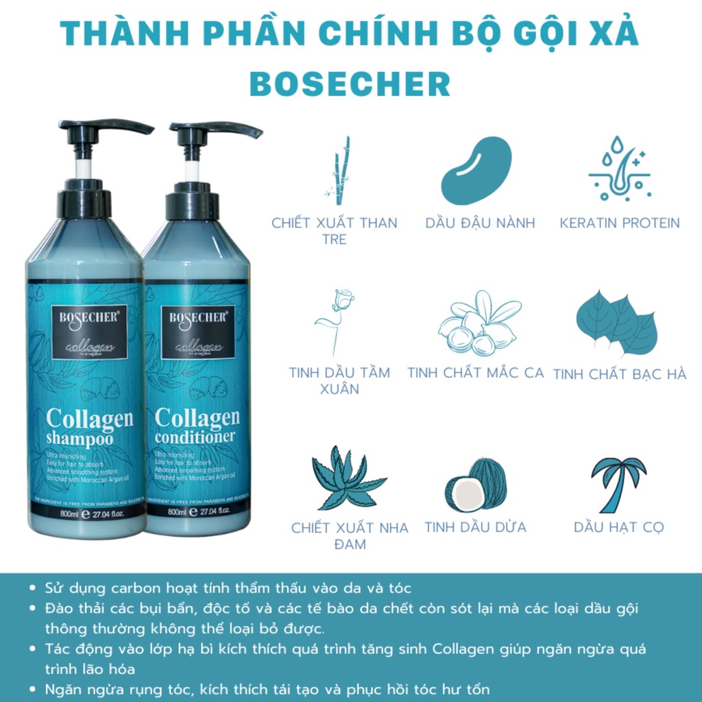 Cặp Dầu Gội Xả Bosecher Collagen 800ml | Hỗ Trợ Sạch Gàu Dầu, Dưỡng Tóc Mềm Mượt.