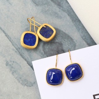 ♥Nguyên Bản Retro Tự Nhiên Lapis Lazuli Bông Tai Dài Phù Hợp Với Nữ Móc Tai Tinh Tế Vuông Trang Sức