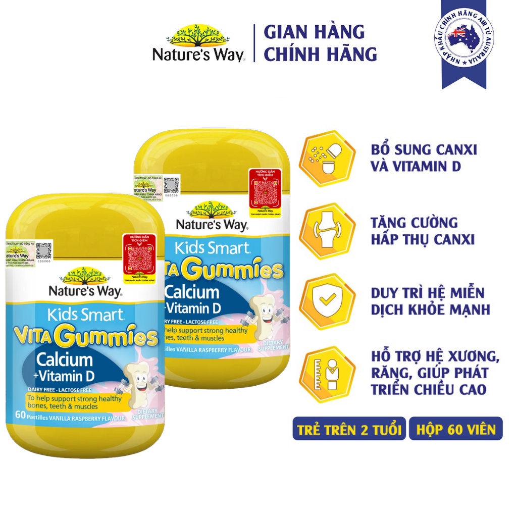 Combo 2 Hộp Kẹo Dẻo Canxi Cho Bé NATURES WAY Kids Smart Vita Gummies Calcium + Vitamin D 60 Viên/hộp