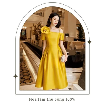 Đầm dự tiệc sang chảnh váy dự tiệc bigsize váy thiết kế cao cấp N159 tại xưởng sỉ Ner.vn màu vàng trắng hoa làm thủcông