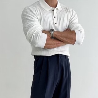 Anh Phong Cách Retro Hố Sọc Ve Áo Len Nam Thu Đông Hàn Quốc Ruya Thanh Niên Slim-fit Dài Tay Áo Polo Nhẹ Phong Cách Trưởng Thành Áo Sơ Mi Polo