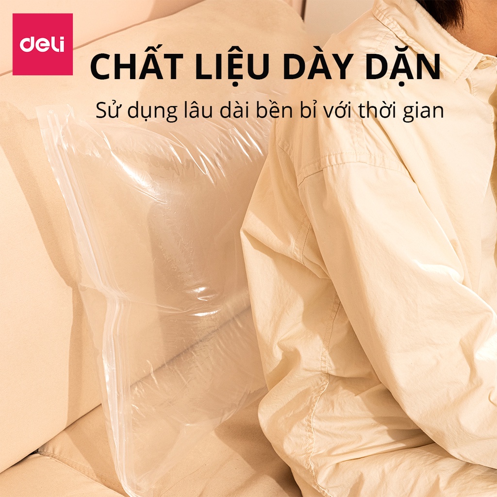 Túi hút chân không quần áo KHÔNG CẦN DÙNG BƠM Deli loại dày 2 lớp cao cấp bọc để chăn màn khóa zip chống rò rỉ hơi