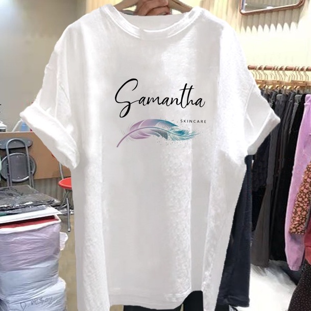 Áo thun nữ tay lỡ HappyFamily Họa Tiết Lông Vũ Samantha Chất Cotton 100 Cao Cấp