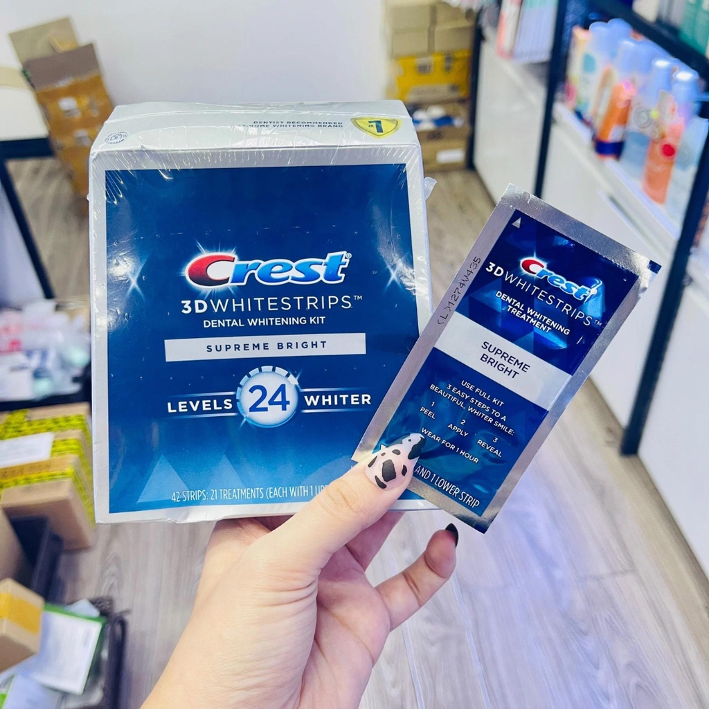 Miếng dán trắng răng Crest 3D White Supreme Bright- Độ làm trắng răng cao dành cho răng chăc khoẻ