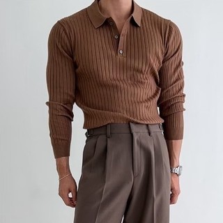 Anh Phong Cách Retro Hố Sọc Ve Áo Len Nam Thu Đông Hàn Quốc Ruya Thanh Niên Slim-fit Dài Tay Áo Polo Nhẹ Phong Cách Trưởng Thành Áo Sơ Mi Polo