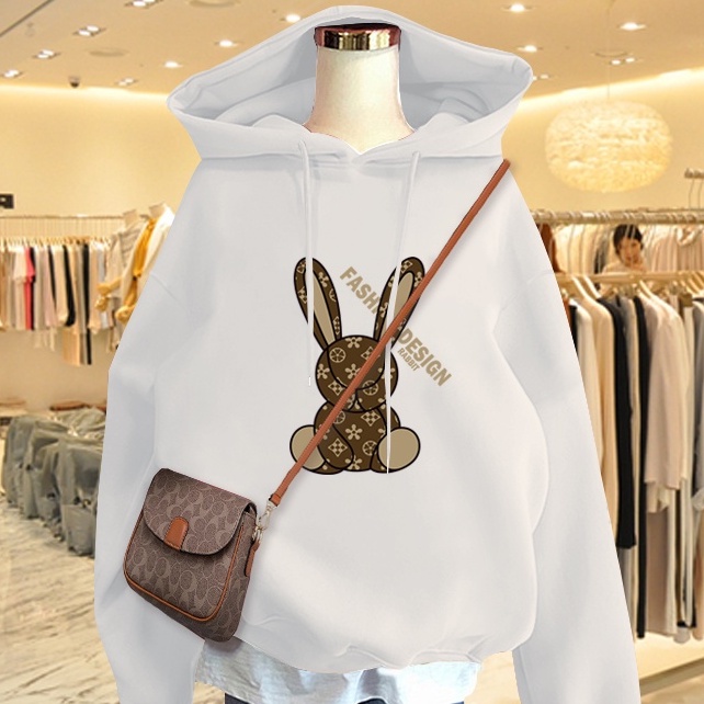 Áo Hoodie Nữ HappyFamily Màu Xanh Rêu Xu Hướng Giới Trẻ Fashion Design Rabbit Chất Nỉ Da Cá 100 Cao Cấp