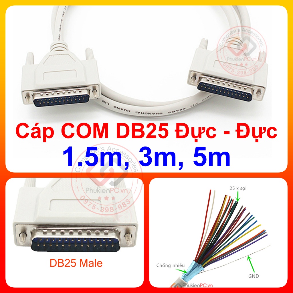 Dây cáp COM DB25 Male to DB25 Male (đực - đực) dài 1.5m 3m 5 mét, dùng ...