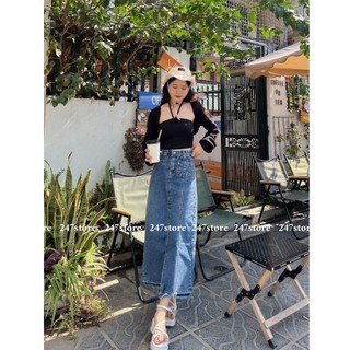 [ Hình thật ] Chân váy jeans dáng dài rách xẻ tà trước mã cvjean6809_P0K37