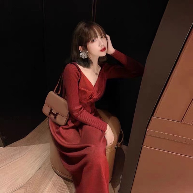 Váy len phối voan ngực hàng Quảng Châu cao cấp