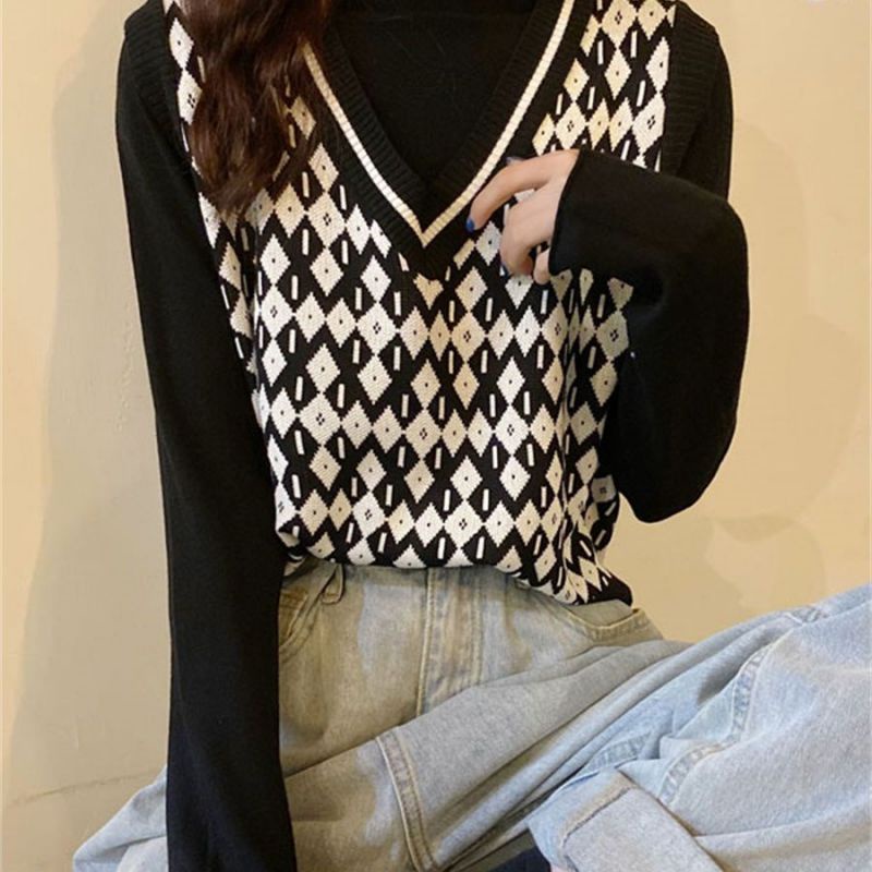 Áo vest dệt kim cổ chữ V cổ điển, phong cách Hàn Quốc