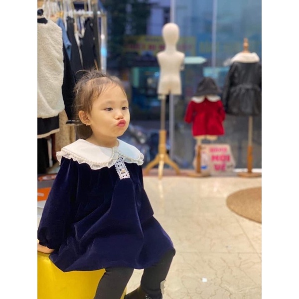 Váy nhung cho bé màu xanh than cổ sen diện đi học, đi chơi xinh xắn size 6-25kg Tiệm Nhà Bơ