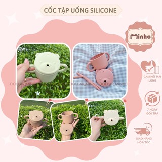 Cốc tập uống silicone hình gấu (new) cho bé từ 6 tháng, có nút đẩy nước lên kèm 2 ống hút
