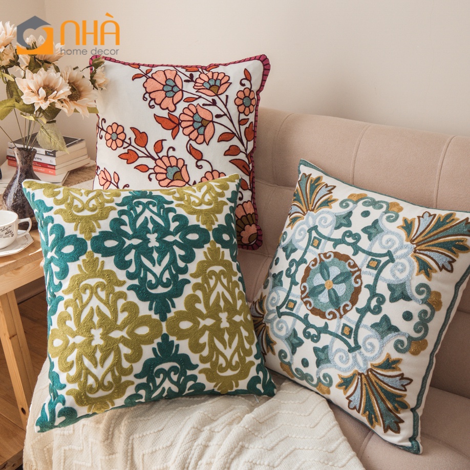 Vỏ Gối Tựa Lưng Linen Cao Cấp Thêu Hoa Văn Hình Học Dệt Nổi Phong Cách Tây Âu