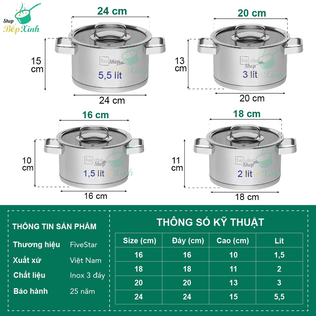 Ảnh Nồi thân cao 3 đáy inox 304 Fivestar Plus quai vuông nắp kính ( 16cm / 18cm / 20cm / 24cm )- tặng 1 vá canh 1