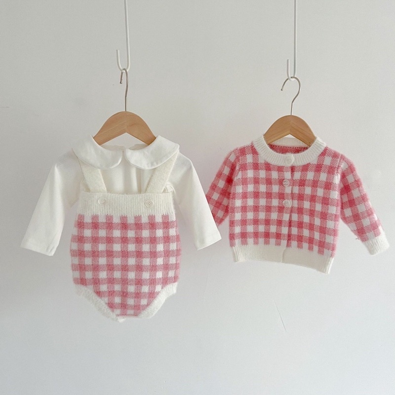 [MS0010] Set len cao cấp 3 món họa tiết kẻ caro hồng xinh xẻo cho bé yêu