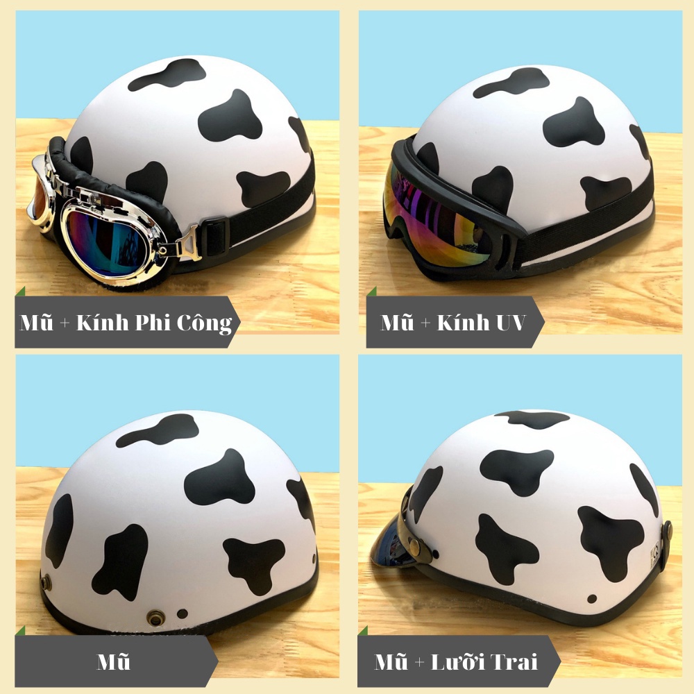 Ảnh Mũ bảo hiểm nửa đầu Hpro Helmet, có kính UV, phi công, tem Bò Sữa cute, an toàn, chất lượng, Freesize (55-59cm) 3