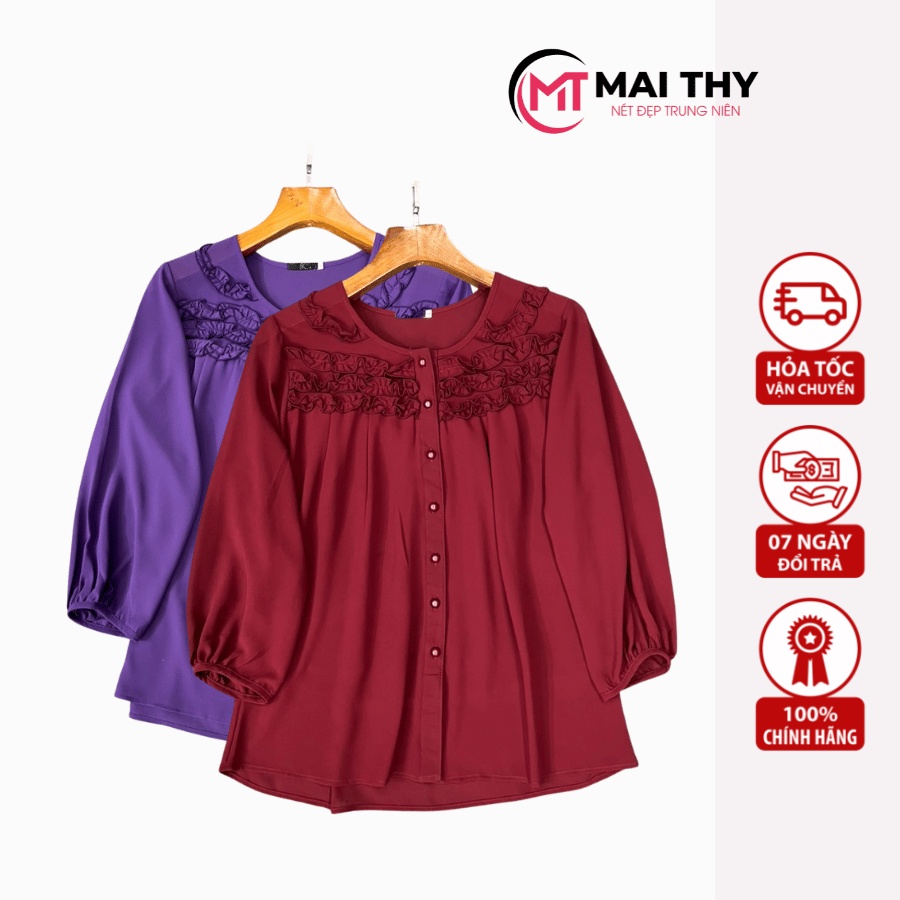 Ảnh Áo Trung Niên MAI THY A355, Mẫu Sơ Mi Nữ Bigsize Tặng Mẹ Cổ Bèo Đính Nhiều Nút Trang Nhã | Thời Trang Trung Niên U40 1
