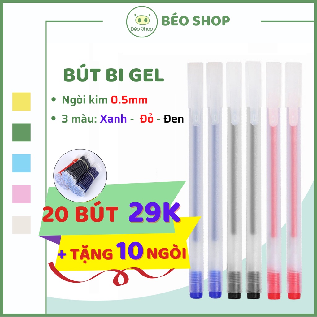 Bút bi gel 0.5mm Béo shop bút bi nước nắp cài ngòi kim 13cm mực ra đều màu Đen Đỏ Xanh dùng cho học sinh , văn phòng B27