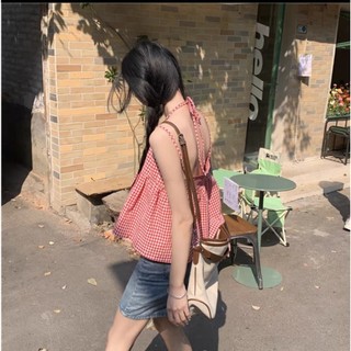 Áo hai dây caro đỏ babydoll dáng rộng phong cách Hàn Quốc - me fashion
