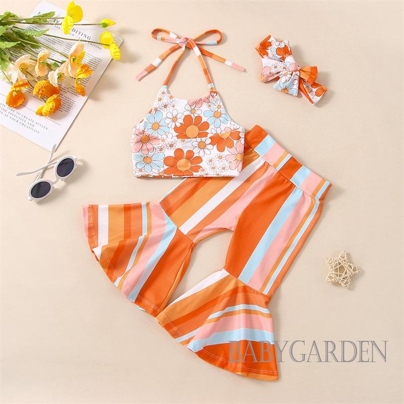 Bộ Áo hai dây In Hoa + Quần Ống Loe Kẻ Sọc + Băng Đô Nơ Xinh Xắn Cho Bé Gái 6 Tháng-5 Tuổi