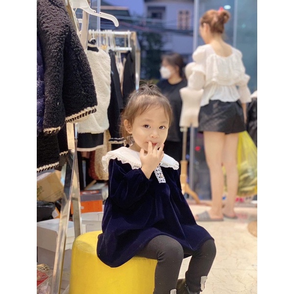 Váy nhung cho bé màu xanh than cổ sen diện đi học, đi chơi xinh xắn size 6-25kg Tiệm Nhà Bơ