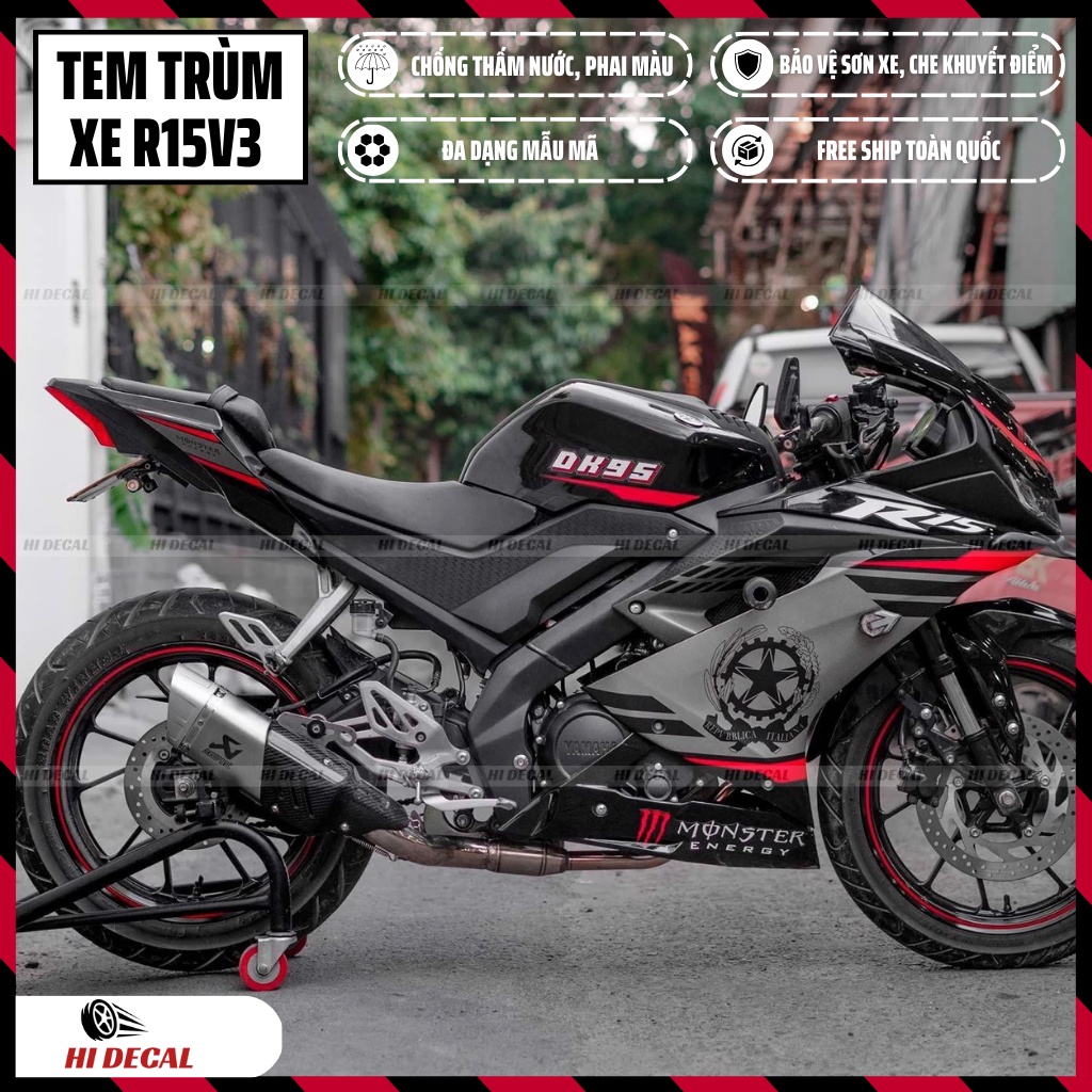 Tem trùm dán xe R15v3 màu đen | Mẫu R15H004 thiết kế riêng | Decal chống phai màu, bảo hành 3 năm