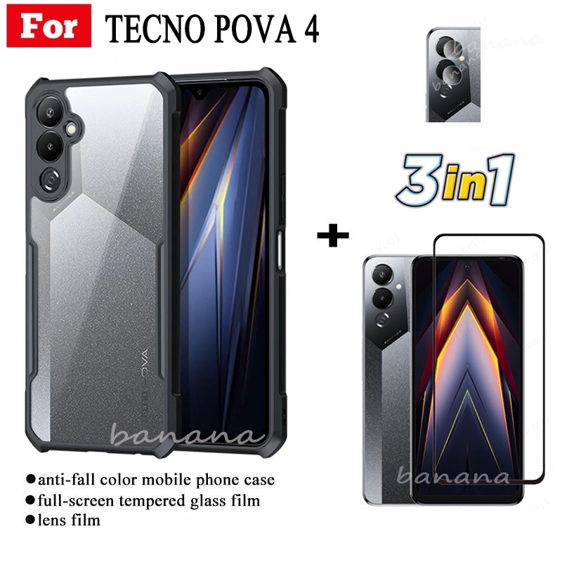 Ốp điện thoại chống sốc 3in1 Tecno Pova 4 / Pova 3 / Pova 2 + màng kính cường lực + Phim ống kính máy ảnh
