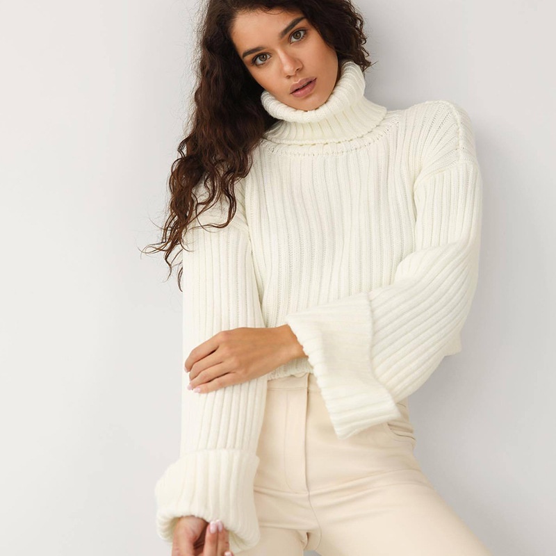 Áo Croptop Dệt Kim Tay Dài Cổ Lọ Dáng Rộng Thời Trang Cho Nữ