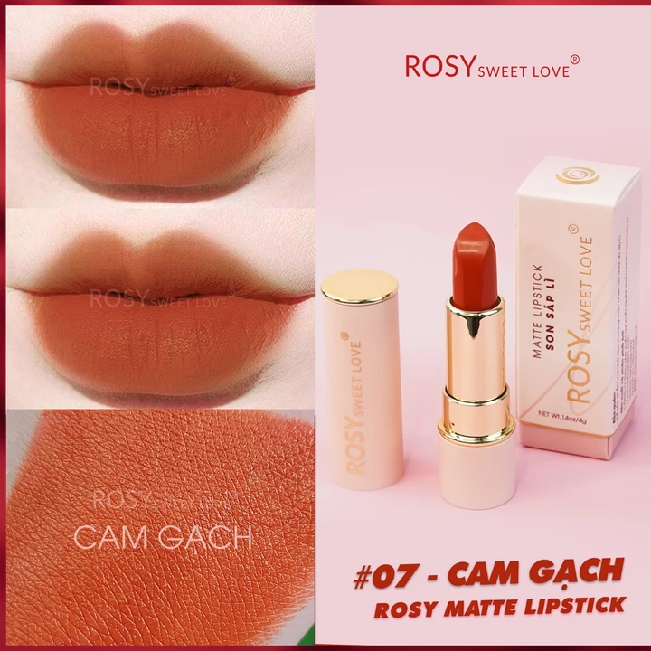 Son thỏi sáp ROSY SWEETLOVE hàng chính hãng, không chì, nhung lì, mềm môi <màu Cam Gạch>