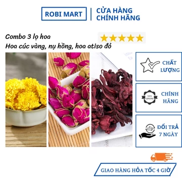 Combo 3 lọ trà hoa sấy khô robimart (hoa cúc vàng, nụ hoa hồng, hoa atiso đỏ) đẹp da, tốt cho sức khỏe