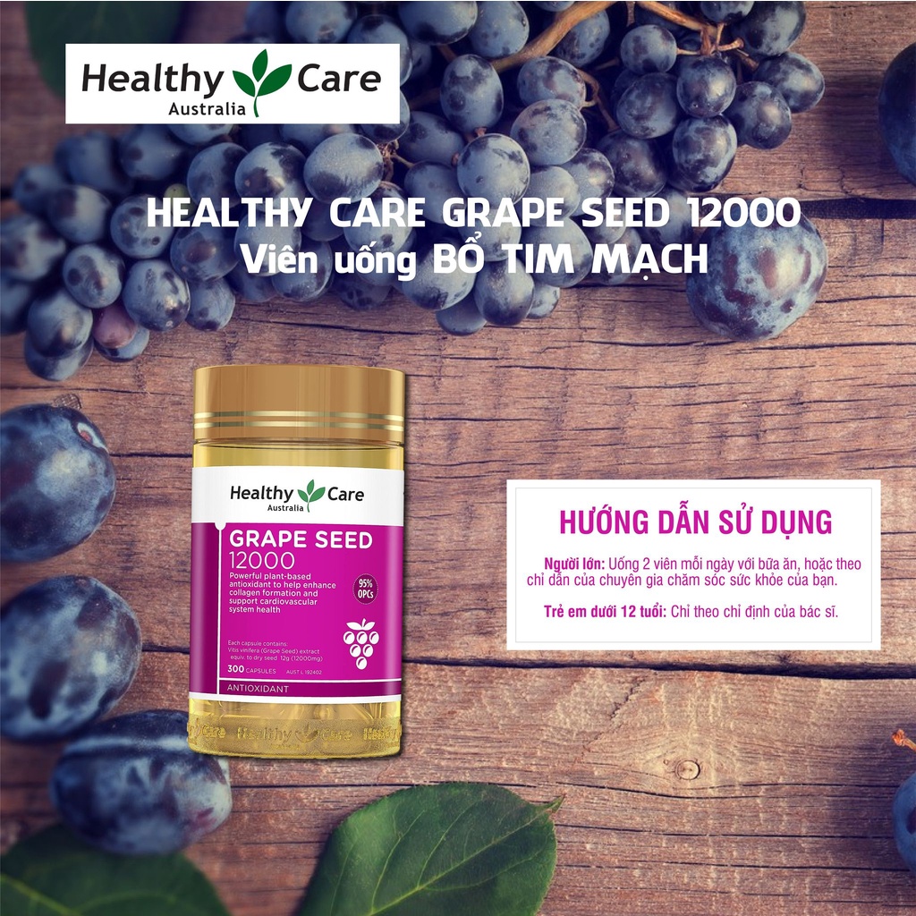 Viên uống bổ máu tinh chất nạt nho Healthy Care Grape Seed 12000 300 viên Úc