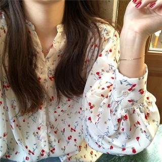 Áo Sơ Mi Chiffon Dài Tay Cổ Chữ V In Hoa Phong Cách Hàn Quốc Mới